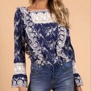 Intermix Nightcap Eyelet Lace Ruffle Top Navy Clementine - Date Night